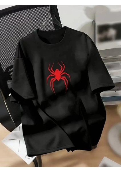 20/1 Penye Compack Spider Baskılı Oversize Unisex Kısa Kol Yazlık T-Shirt - Siyah
