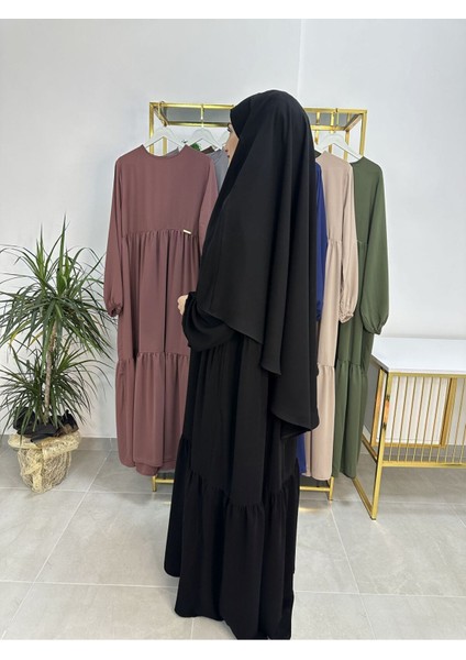 Ferace & Abaya Sufle Eşarp ve Iki Kat Büzgülü Elbise Takım.hijab .hac ve Umre Için Uygundur Siyah indirimleri