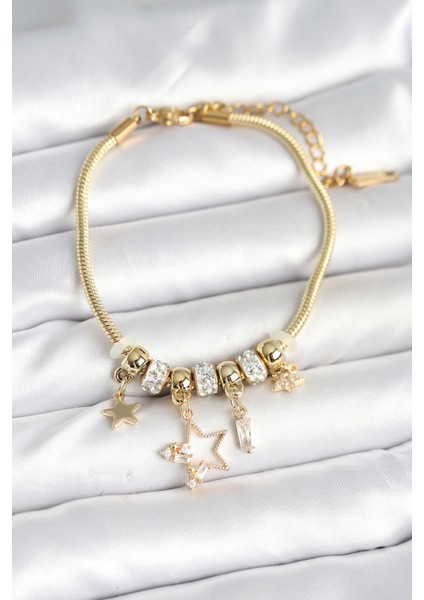 Pirinç Gold Renk Yıldız Charmlı Kadın Bileklik - TJ-BB7993