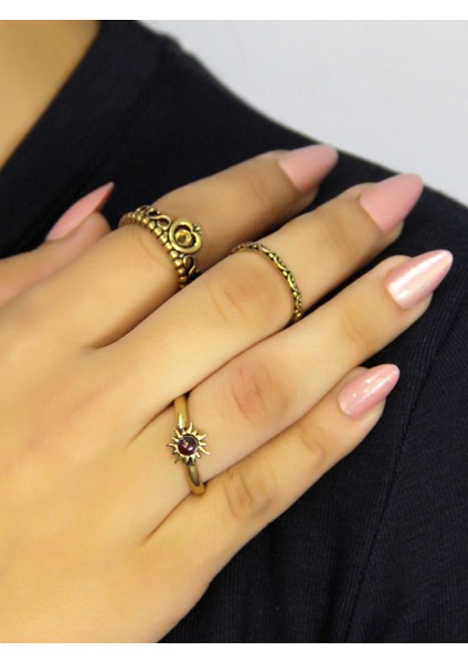 Doğal Taşlı 3'lü Garnet (Lal) Doğal Taşlı Güneş Modelli Kadın Ayarlanabilir Yüzük Seti EUY85 fiyatları