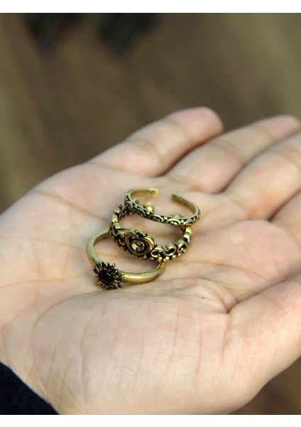 Doğal Taşlı 3'lü Garnet (Lal) Doğal Taşlı Güneş Modelli Kadın Ayarlanabilir Yüzük Seti EUY85 modelleri