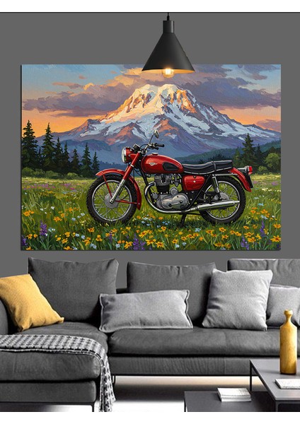 Motorsiklet ve Dağ Manzarası Dekoratif Kanvas - Mdf Ahşap Tablo