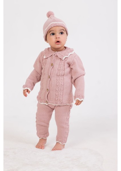 3024 Kız Bebek Natural Düğme Taş Detaylı 3'lü Triko Düğmeli Hırkalı Takım