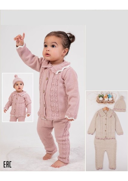 3024 Kız Bebek Natural Düğme Taş Detaylı 3'lü Triko Düğmeli Hırkalı Takım fiyatları
