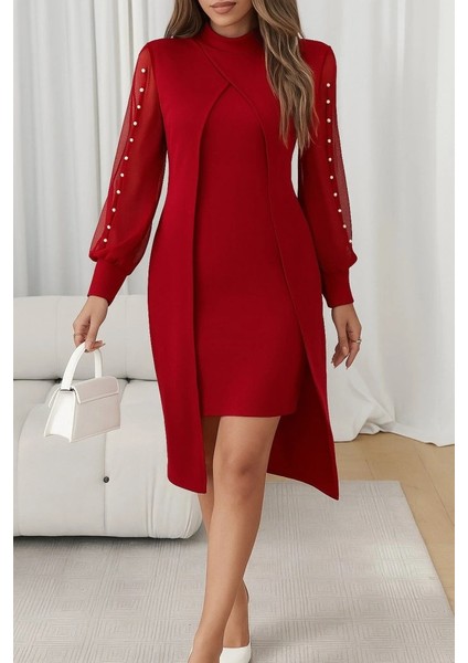 Kadın Uzun Kollu Yarı Balıkçı Yaka Tül ve Inci Detaylı Kısa Ithal Krep Midi Elbise