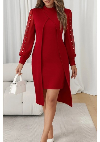 Kadın Uzun Kollu Yarı Balıkçı Yaka Tül ve Inci Detaylı Kısa Ithal Krep Midi Elbise modelleri
