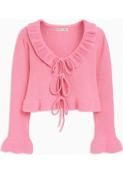 6899 Kadın Önden Bağcıklı Hırka Pembe