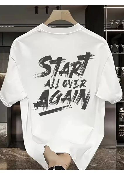 20/1 Penye Compack Start All Over Baskılı Oversize Bisiklet Yaka Kısa Kol Yazlık T-Shirt - Beyaz