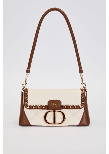 Krem Geniş Taban Kapitone Omuz Çantası