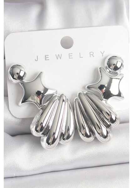 Gümüş Renk Yıldız Deniz Kabuğu Model CCB Plastik Kadın Küpe Seti