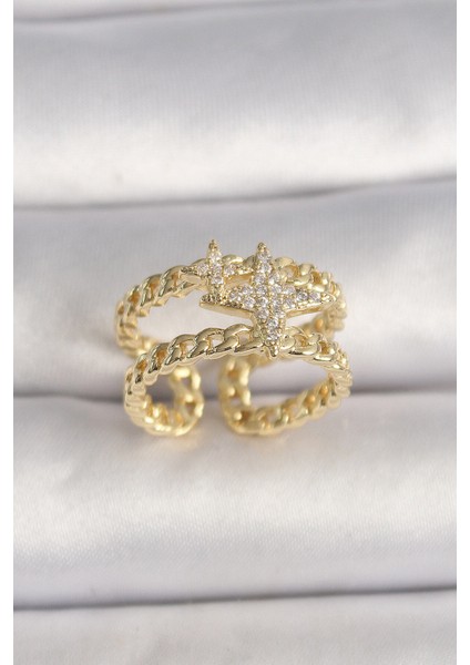 Pirinç Gold Renk 2'li Zincir Zirkon Taşlı Yıldız Figür Kadın Yüzük