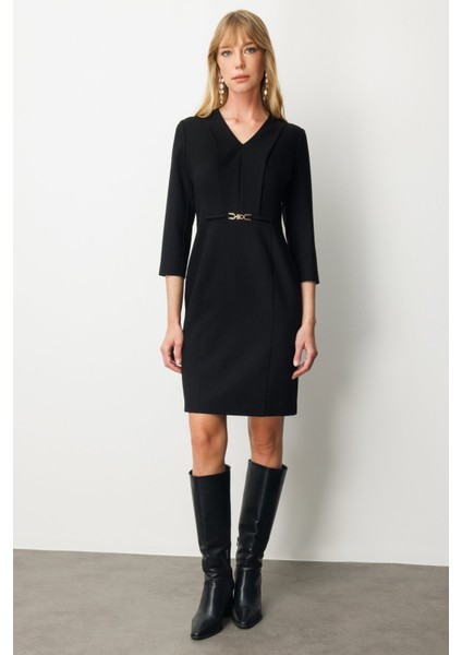 Kadın Beli Metal Aksesuarlı Midi Elbise 4033 Siyah