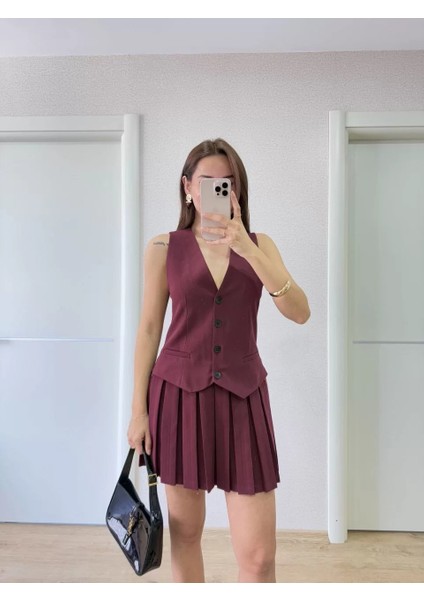 Keten Takım Görünümlü Düğme Detaylı Yelekli Mini Elbise - Bordo modelleri