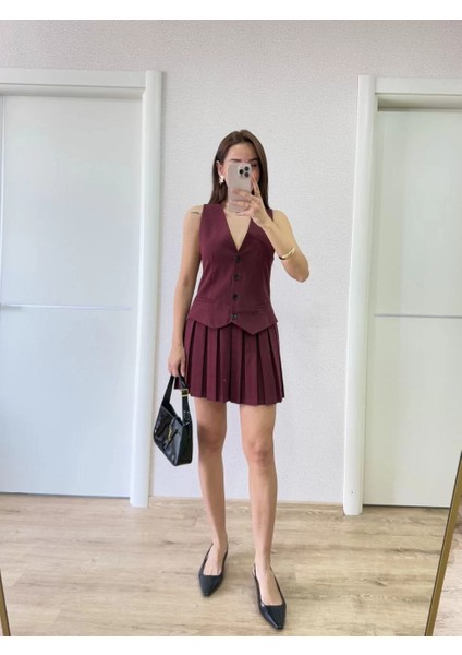 Keten Takım Görünümlü Düğme Detaylı Yelekli Mini Elbise - Bordo indirimleri