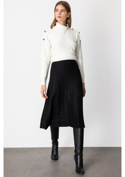 Kadın Pileli Midi Boy Triko Etek 60201 Siyah