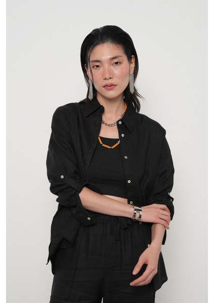 Kadın %100 Keten Kolları Düğme Detaylı Gömlek