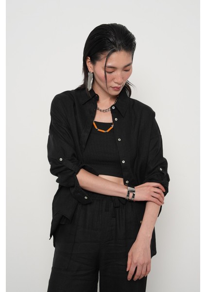 Kadın %100 Keten Kolları Düğme Detaylı Gömlek fiyatları