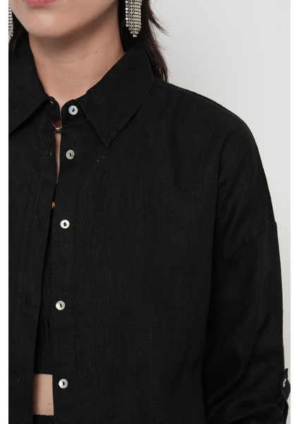 Kadın %100 Keten Kolları Düğme Detaylı Gömlek modelleri