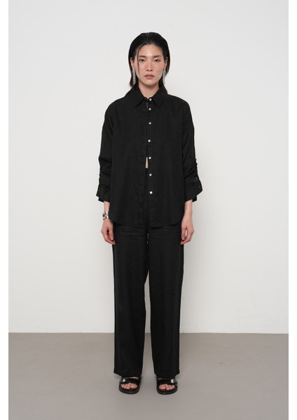 Kadın %100 Keten Kolları Düğme Detaylı Gömlek fırsatları