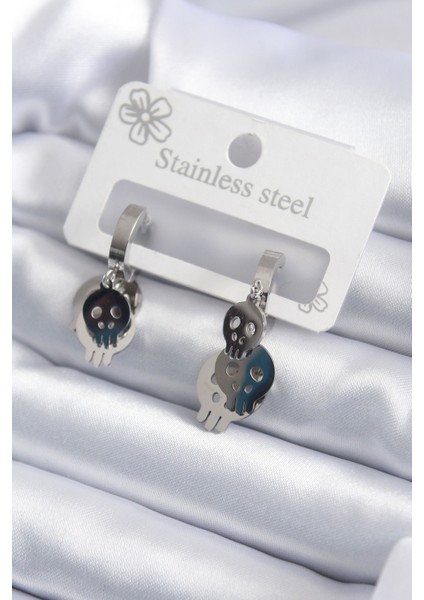 316L Çelik Gümüş Renk Sallantı Kuru Kafa Model Kadın Küpe - Lisinya