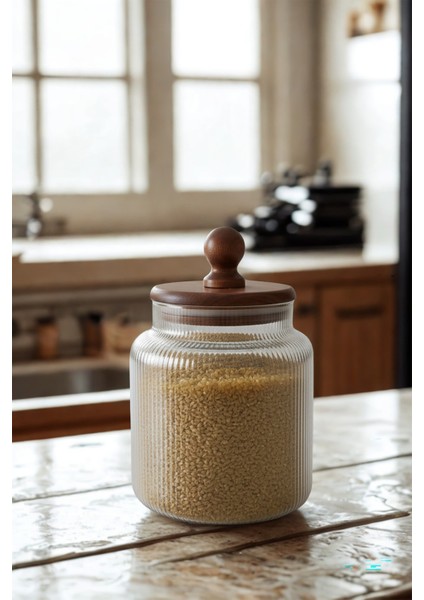 Valden Cam Akasya Vakum Kapaklı Saklama Kabı – Çay Kahve Bakliyat Kavanozu 1200 ml