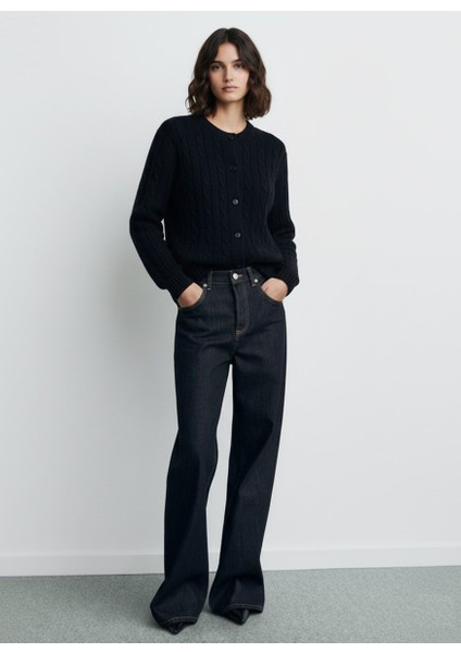 Uzun Kollu Önü Düğmeli Triko Lacivert Hırka