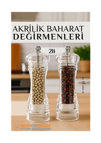 Baharat Öğütücü - Baharat Karabiber Tuz Değirmeni Ahşap Akrilik Kristal 2 Li Set
