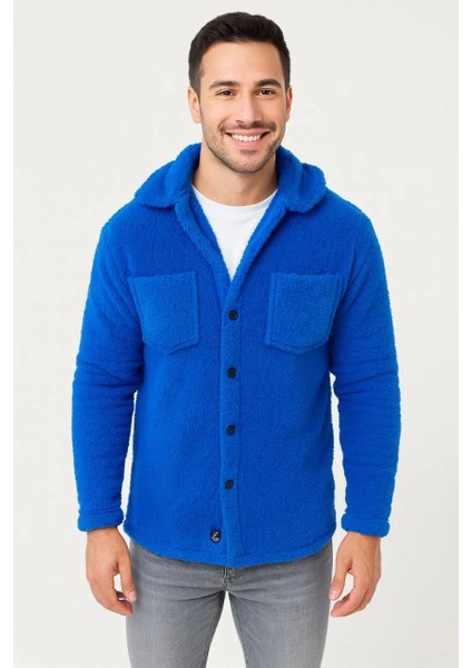 Erkek Pelüş Polar Hırka Gömlek – Yakalı, Ilik Düğmeli, Göğüs Cepli, Yumuşak Dokulu Kışlık Regular Fit Rahat Günlük Model - Saks Mavisi