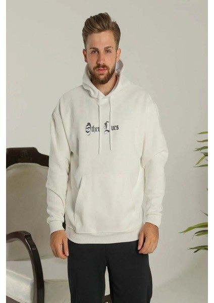 Erkek Oversize Üç Iplik Şardonlu Kapüşonlu Sweatshirt – Beyaz “other Lives” Ön ve Arka Baskılı, Kanguru Cepli, Ribanalı Rahat Kışlık Model Beyaz fiyatları