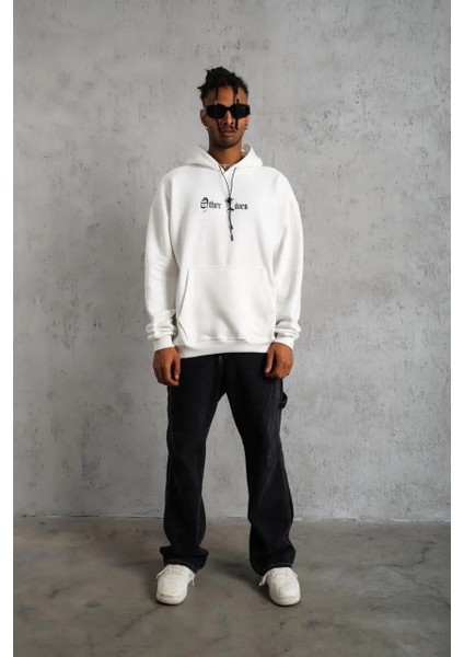 Erkek Oversize Üç Iplik Şardonlu Kapüşonlu Sweatshirt – Beyaz “other Lives” Ön ve Arka Baskılı, Kanguru Cepli, Ribanalı Rahat Kışlık Model Beyaz modelleri