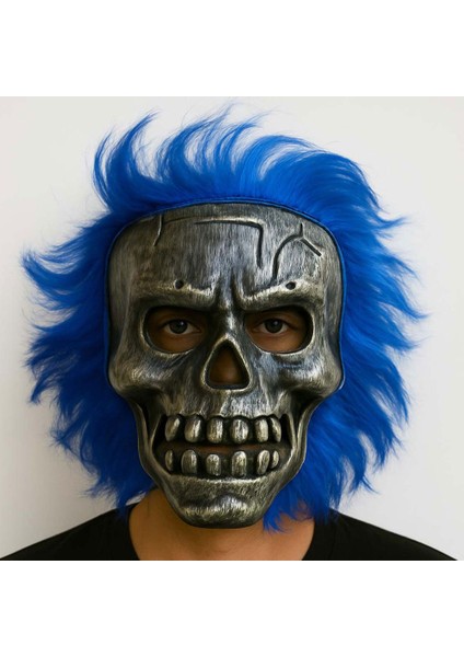 Wild Skull - Gümüş Kafatası Mavi Saçlı Iskelet Maske