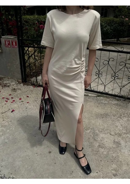 Kadın Kısa Kollu Uzun Yandan Yırtmaçlı Elbise - Bej modelleri