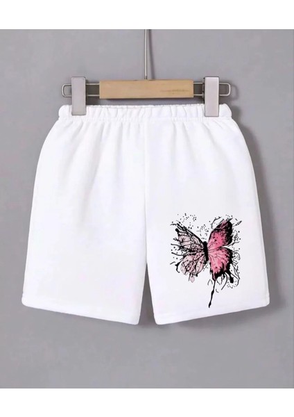 Kadın Beli Lastikli Baskılı Mini Şort - Beyaz