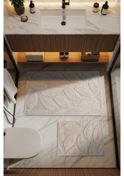 Sakura SK007A Doğal Pamuk 2'li Banyo Paspas Seti 60X90 60X150CM Kaymaz Taban Makinada Yıkanabilir