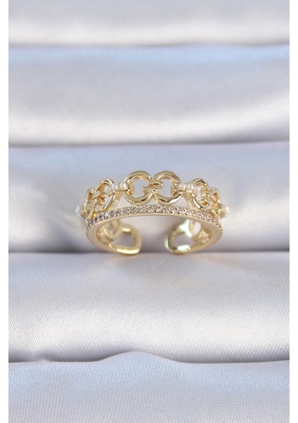 Pirinç Gold Renk Zirkon Taşlı İnci Detay Kadın Yüzük