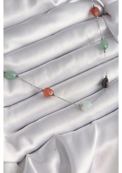 316L Çelik Gümüş Renk Zincir Renkli Doğaltaş Model Kadın Kolye