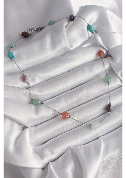 316L Çelik Gümüş Renk Zincir Renkli Doğaltaş Model Kadın Kolye fiyatları