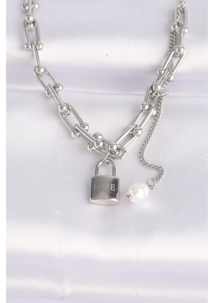 316L Çelik Zincir Gümüş Renk Zincirli Love Yazılı Kilit Kolye