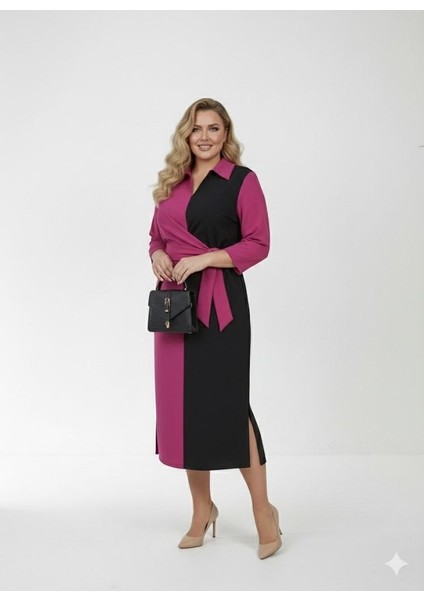 Kadın Büyük Beden Gömlek Yaka Bağlamalı Elbise 5399-26