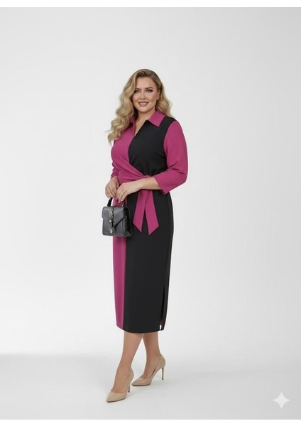 Kadın Büyük Beden Gömlek Yaka Bağlamalı Elbise 5399-26 fiyatları