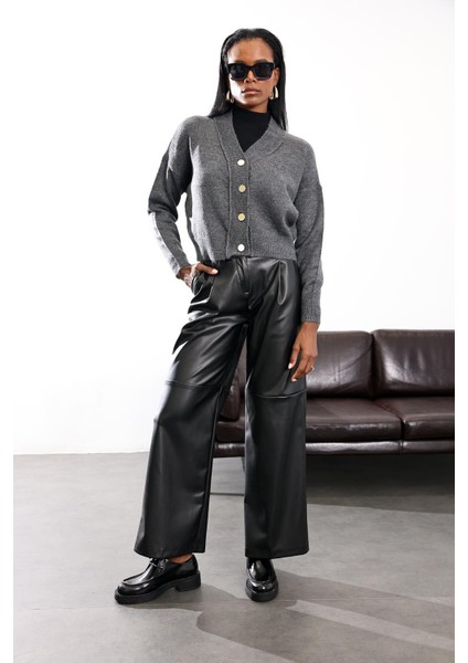 Siyah Parçalı Deri Pantolon 17215 modelleri