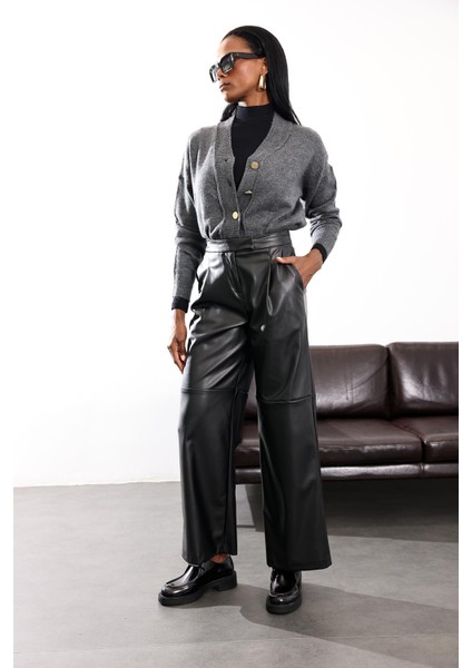 Siyah Parçalı Deri Pantolon 17215 fırsatları