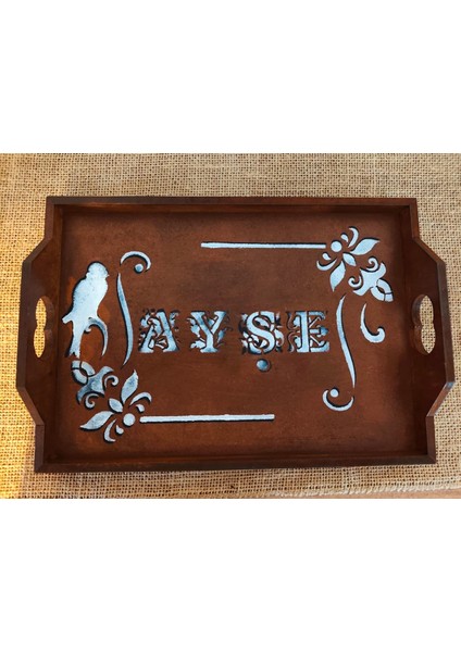 Elacaahşap Bej Kahverengi Bohem Ayşe Isimli Isme Özel Yazılı Çay Kahve Sunumluk Tepsi