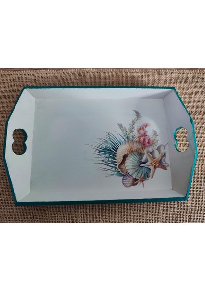 Elaca Ahşap Deniz Kabuğu Desenli Çay Kahve Sunumluk Tepsi