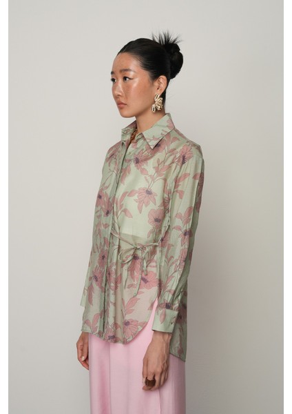 Kadın Yandan Bağlama Detaylı Pembe-Yeşil Çiçekli Gömlek fiyatları