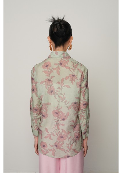 Kadın Yandan Bağlama Detaylı Pembe-Yeşil Çiçekli Gömlek indirimleri