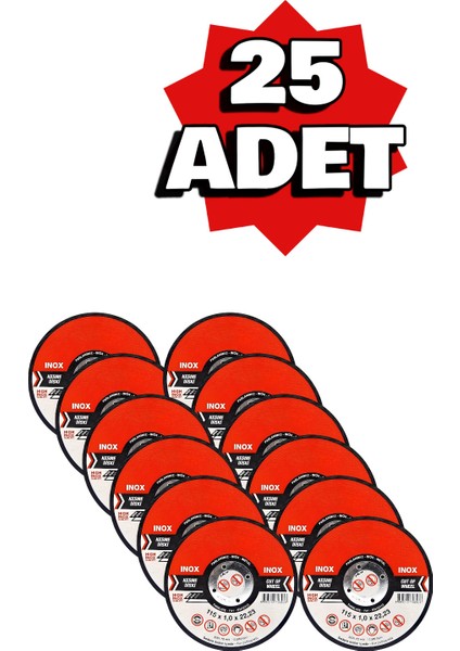 Inox Metal Kesici Kesme Diski 115X1,0X22,23 mm Ince Taş Spiral Demir Kesici Disk (25 Adet)