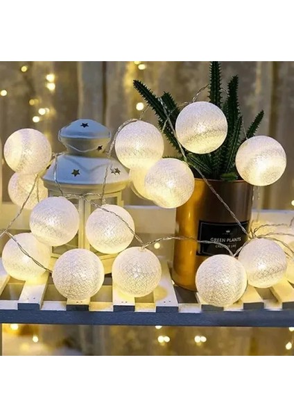 2m 10'lu Işıklı Beyaz Top Dekoratif Süs