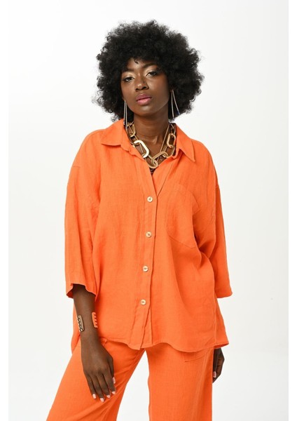 Kadın Düz Renk Tek Cepli %100 Keten Gömlek