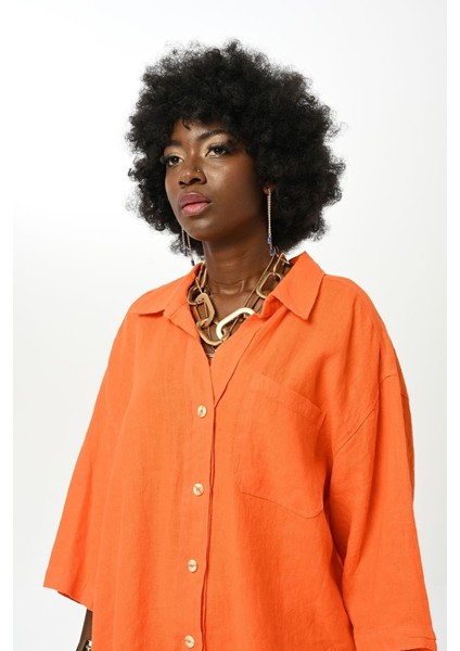 Kadın Düz Renk Tek Cepli %100 Keten Gömlek fiyatları